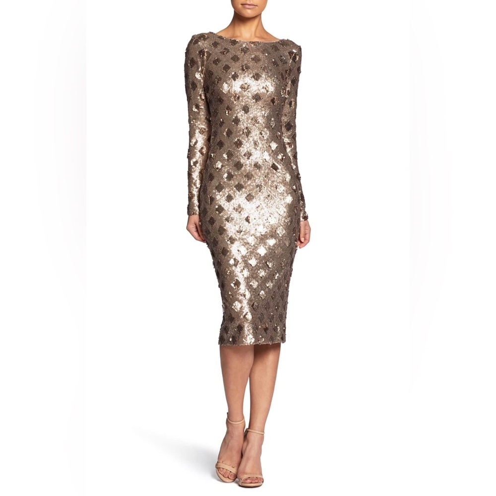 NWT Dress the Population Emery Sequin Long Sleeve Cocktail Dress